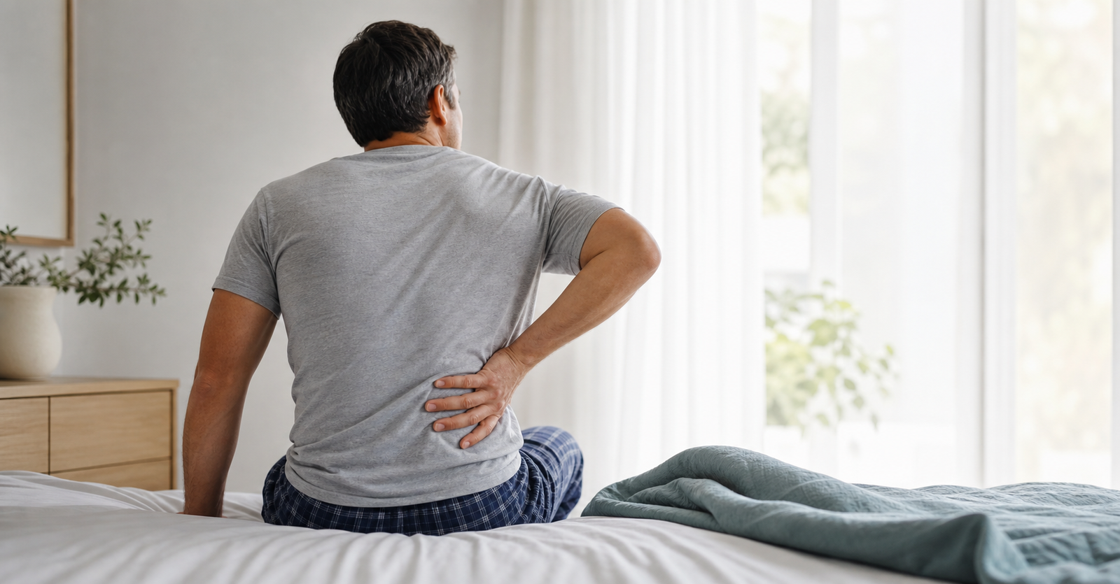 A man experiencing lower back stiffness at home