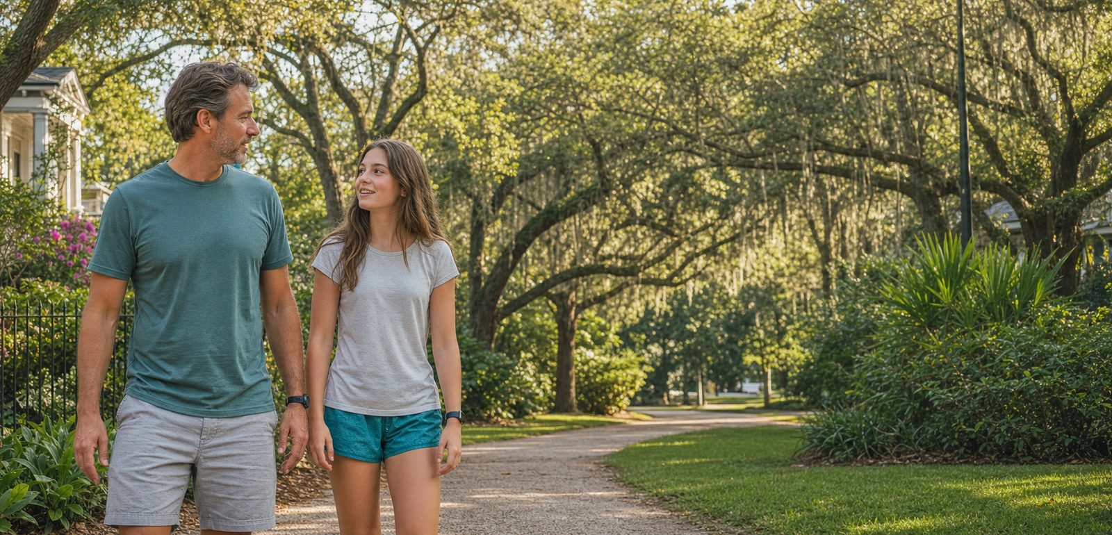 A father and daughter enjoying an active walk