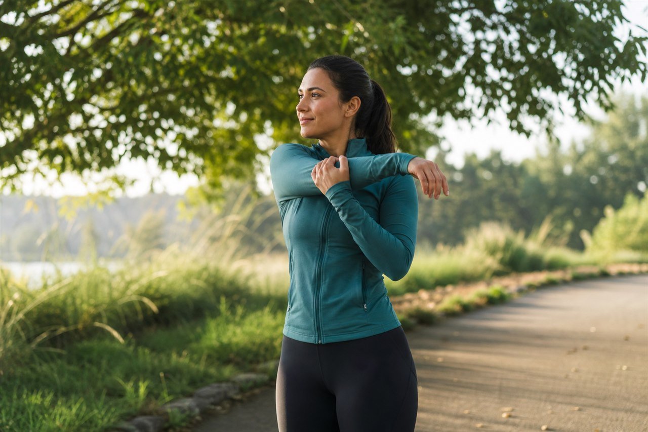 An active adult walking comfortably outdoors
